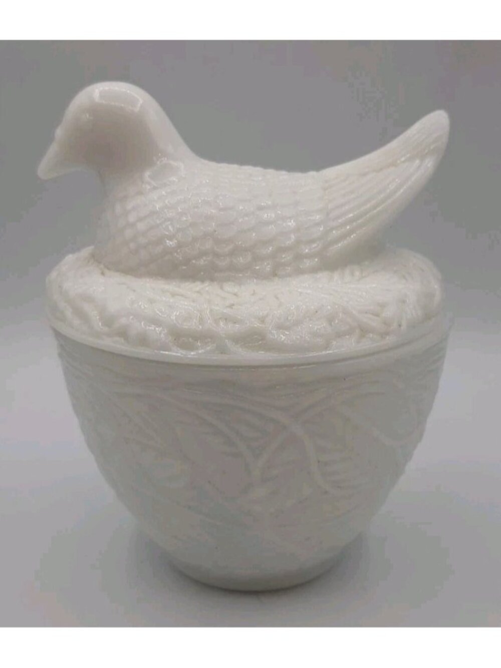 Vintage Avon Embossed White Milk Glass Dove Bird on a Nest Covered Dish 70's